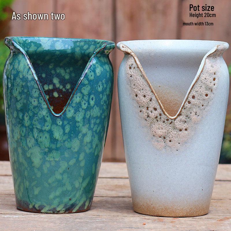Handmade Coarse Pottery Wide-Mouth Flower Pot - Ceramic Zisha Succulent Planter with Rustic Cut-Edge Design for Chlorophytum