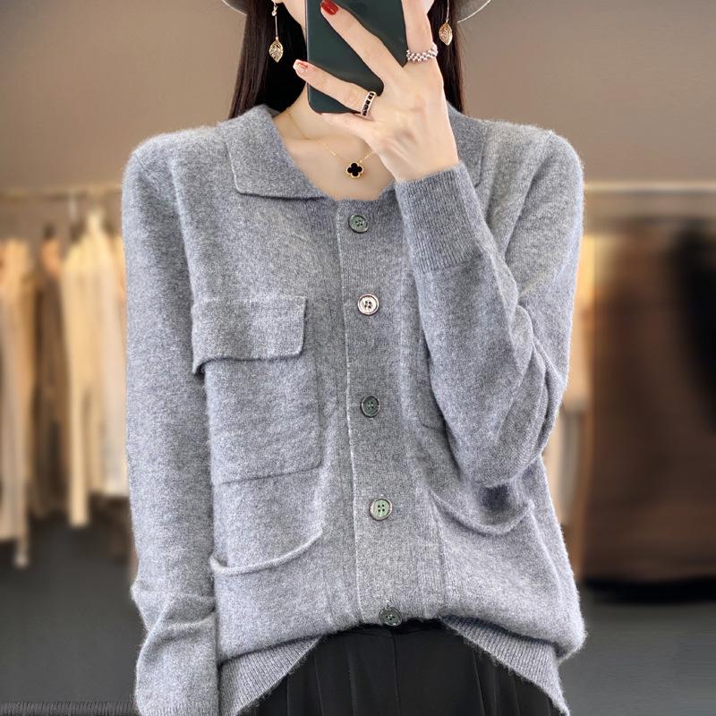 2023 Women's 100% Wool Lapel Cardigan: Year-Round Solid Color Cashmere Knit Sweater