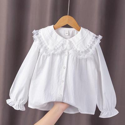 2024 Spring/Autumn Girls' White Cotton Shirt, Turn-Down Collar, Fashionable Student Top