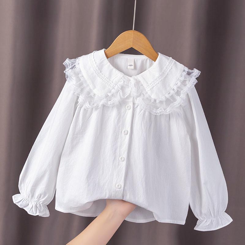 2024 Spring/Autumn Girls' White Cotton Shirt, Turn-Down Collar, Fashionable Student Top