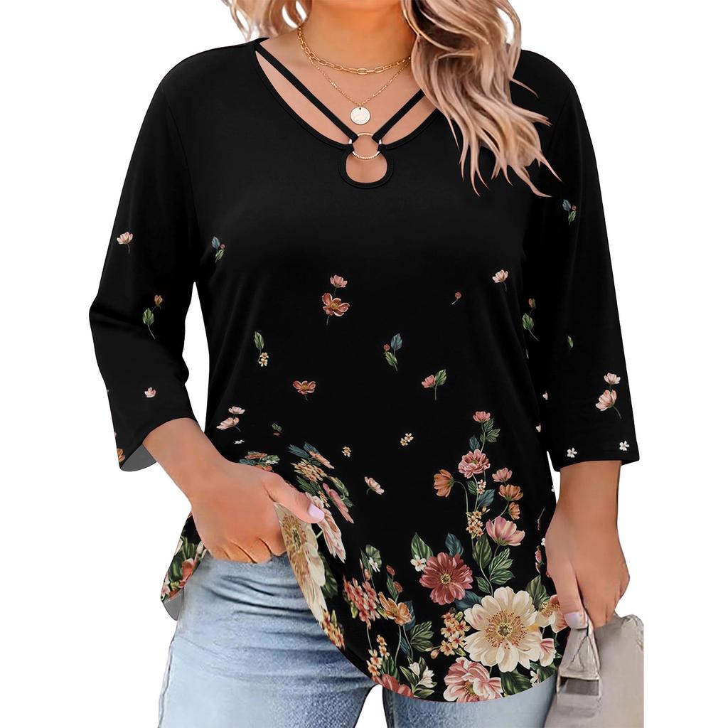 Women's Plus Size Floral Print 3/4 Sleeve Casual Top, Fashionable Loose Fit Blouse for Everyday Wear and ,