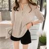 Summer Shirt Women's Quarter Sleeved Korean Large Size Round Neck T-shirt Striped Shirt Women's Chiffon Shirt