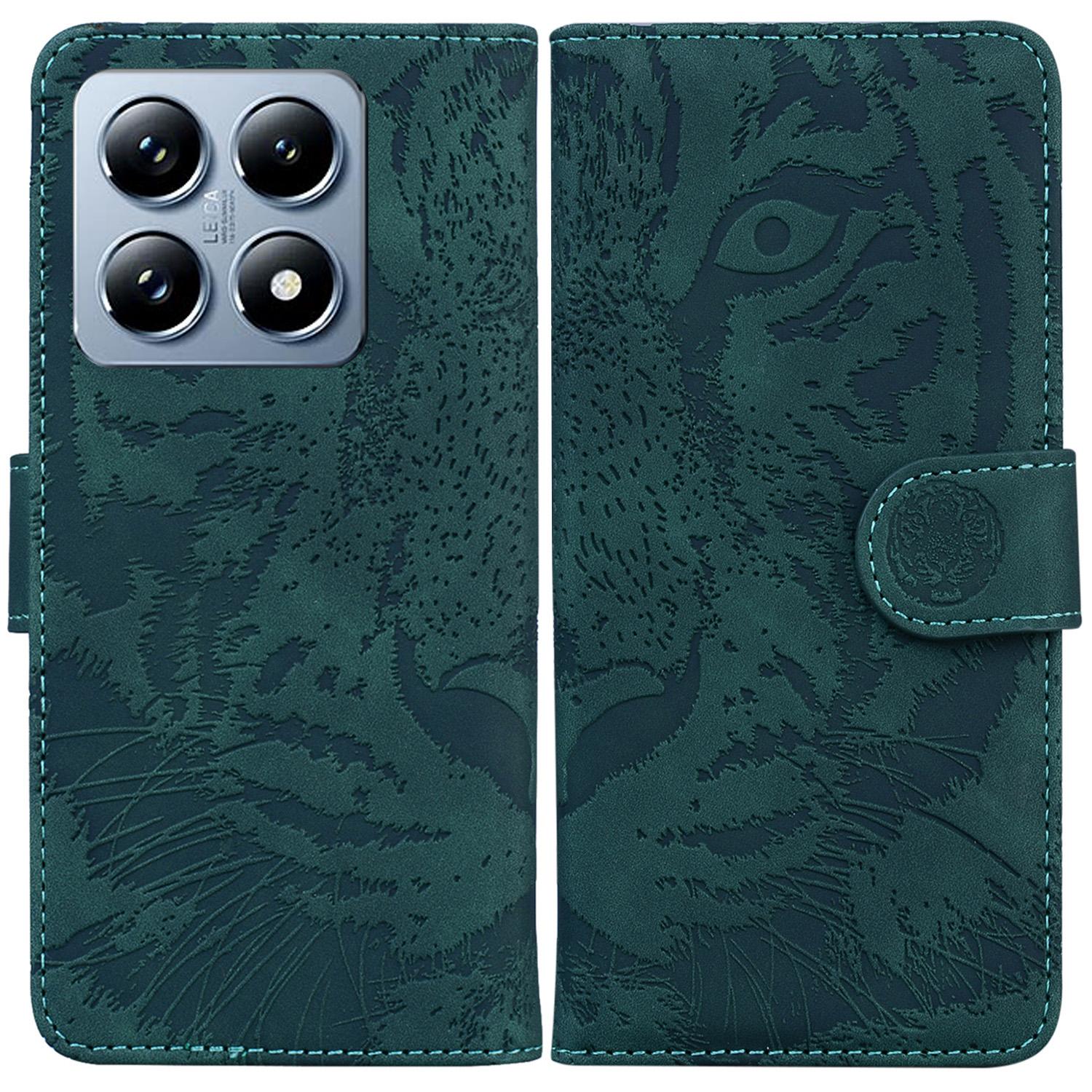 

For Xiaomi 14T Case Tiger Imprint Leather Wallet Phone Cover Green