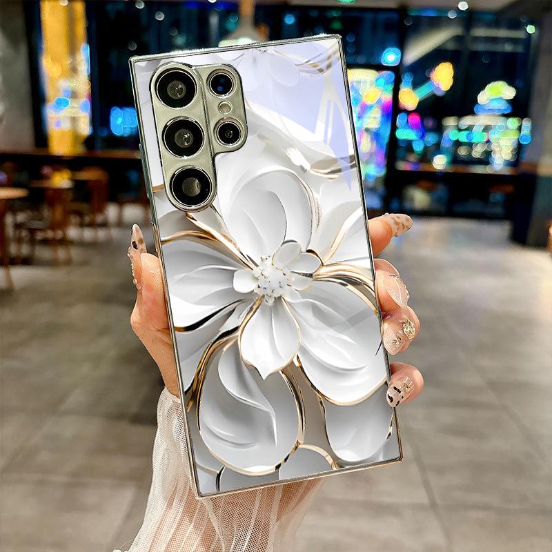 Edge White Flower Electroplated Silver Phone Case For Samsung Galaxy S26 S25 S24 S23 S22 S21 S20 Ultra Plus FE 26 5G Glass Cover