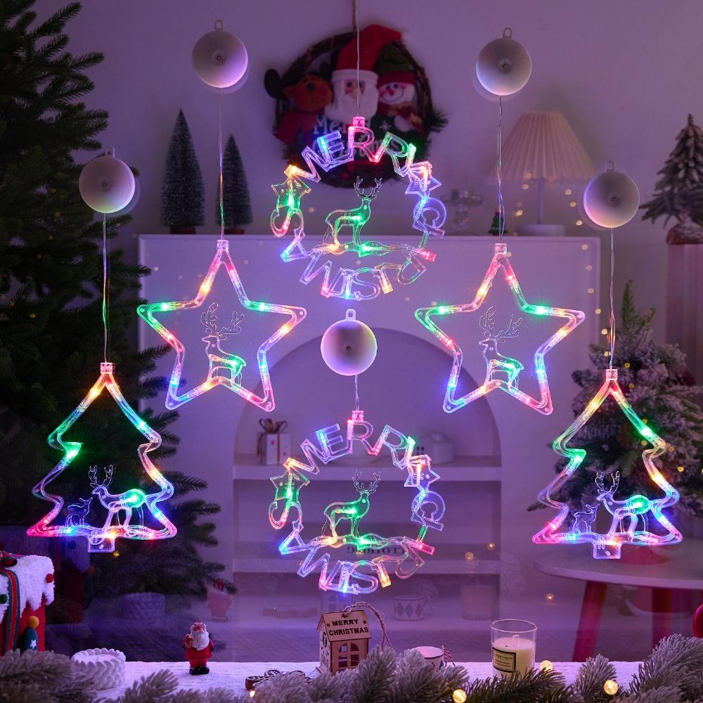 LED Kerst Zuignap Raamlicht, Werkt op Batterijen, Ster Boom Krans Hangdecoratie voor Huis Slaapkamer Winkel