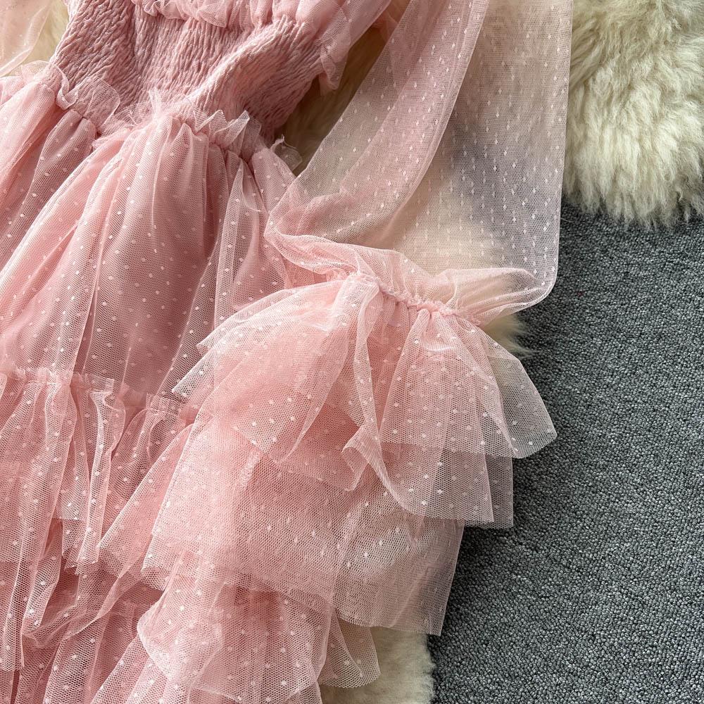 French Fashion Mesh Party Long Dress Women Ruffle Long Sleeve Slash Neck Elastic Waist Ladies Summer Elegant A Line Dresses