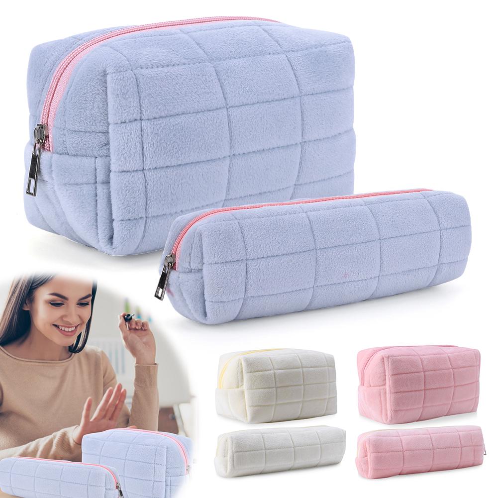 Plush Makeup Bag Makeup Storage Bag Large Capacity with Pen Bag Soft Cosmetic Bag Aesthetic Zip Closure Outdoor Travel Bag
