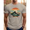 Men's summer 100 cotton fashionable sports casual loose retro snow mountain sunset printed round neck short sleeved T-shirt top
