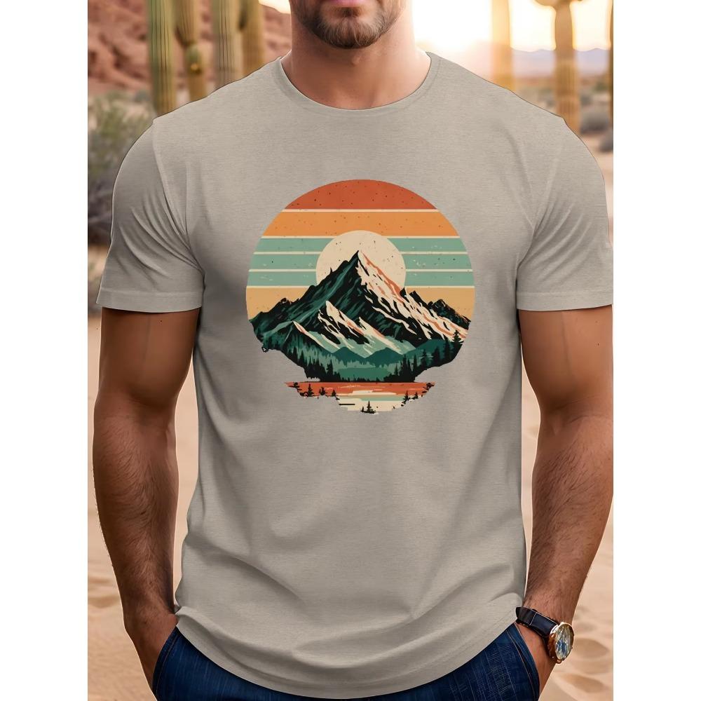 Men's summer 100 cotton fashionable sports casual loose retro snow mountain sunset printed round neck short sleeved T-shirt top