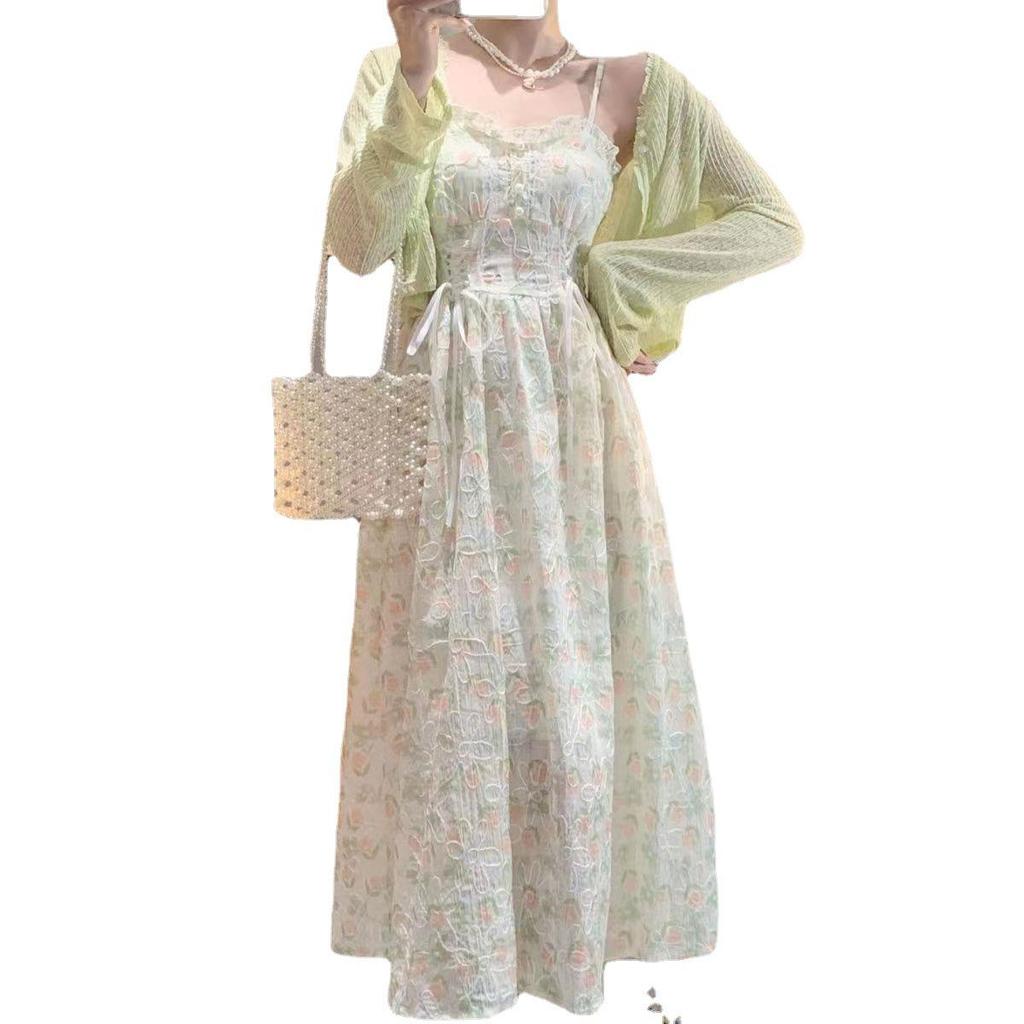 Women's Summer Floral Mid-Length Dress & Cardigan Set