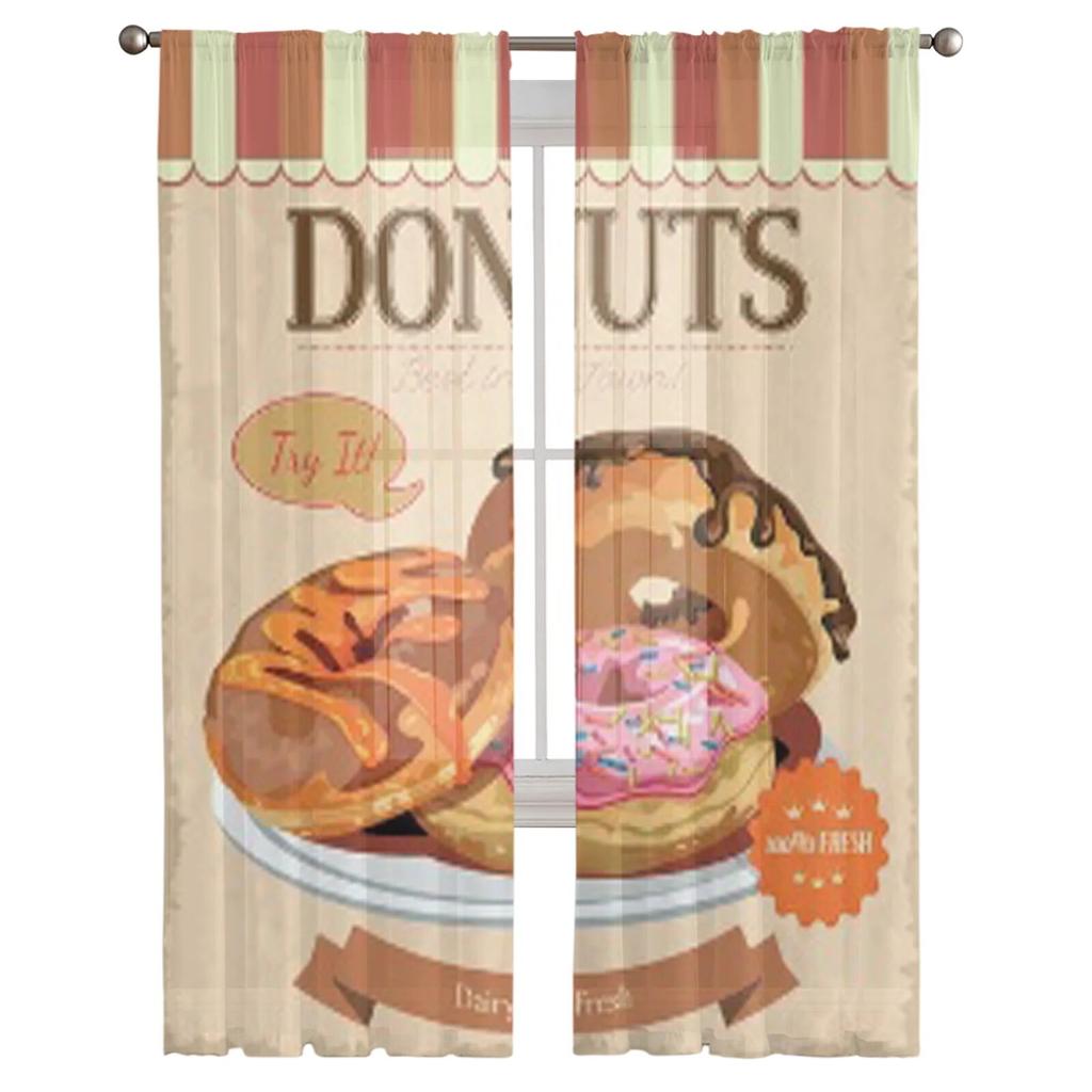 Vintage Donuts Poster With Label Sheer Curtains for Living Room Transparent Tulle Window Curtain Bedroom Kitchen Veil Drapes