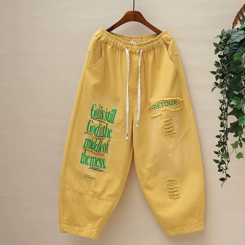 

DIMANAF Летние гаремные женские джинсы больших размеров 2025 с вышивкой, повседневные, с высокой талией, эластичные, базовые, свободные брюки One size жёлтый