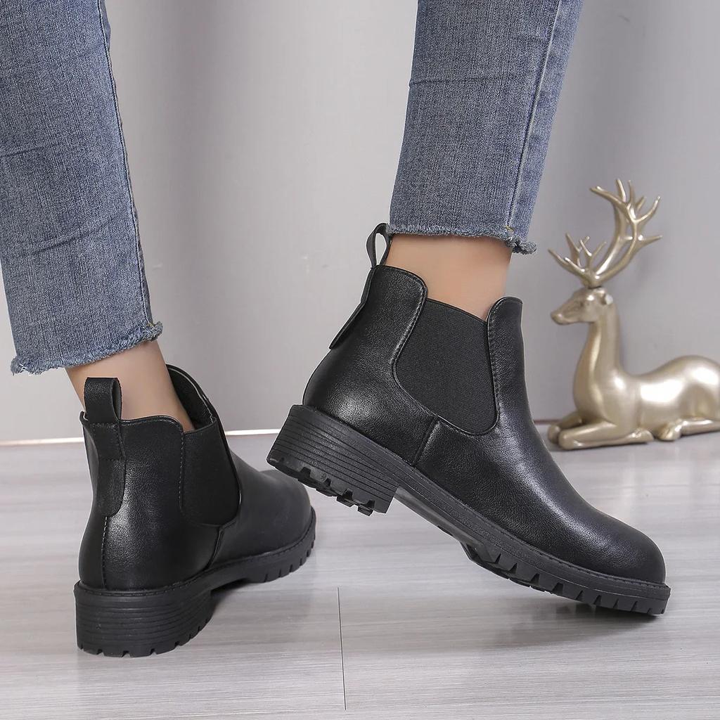 Fashion Women's Casual Chelsea Ankle Boots Round Toe Black PU Leather Short Boots Woman Comfort Low Heels Slip On Botas De Mujer 2024