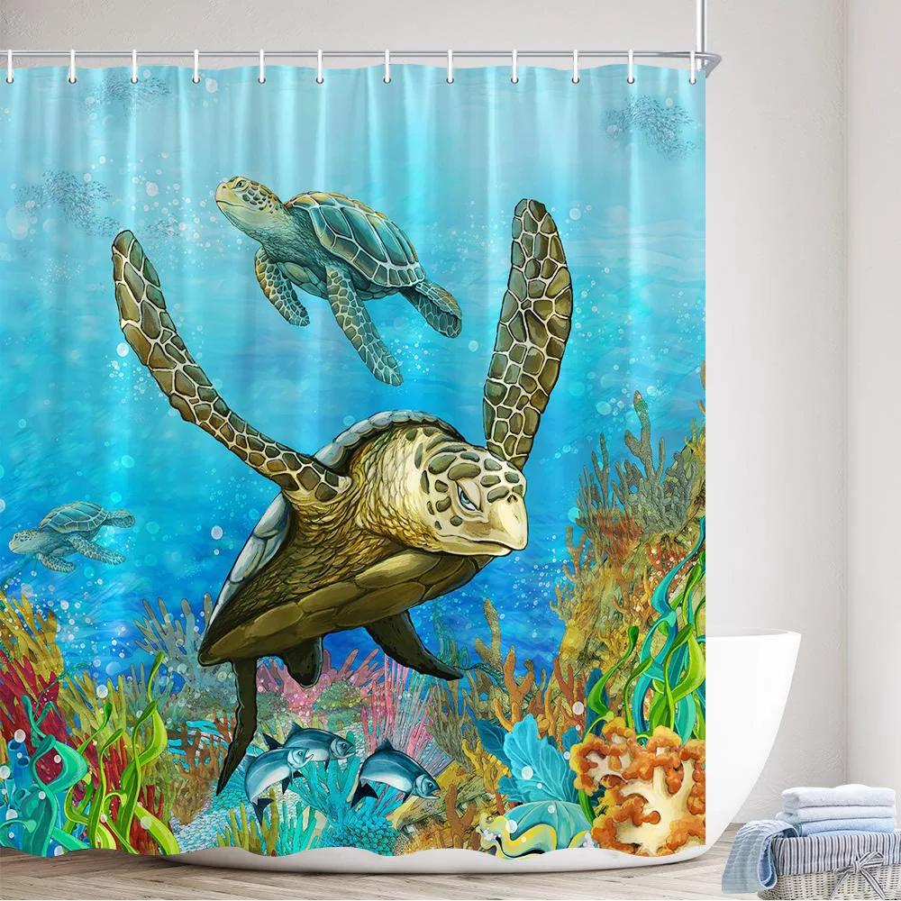 Octopus Sea Turtle Shower Curtain Watercolor Animal Dolphin Tropical Fish Coral Underwater Landscape Curtains Bathroom Decor Set