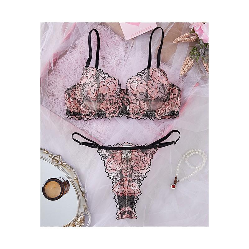 European and American Sexy lingerie sets Sexy contrasting color perspective hollow underwear Flower embroidery sex set
