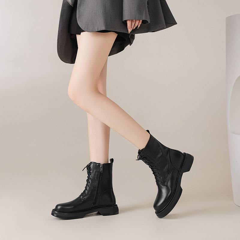 Krazing Pot Cow Skin Natural Fur Autumn Winter Shoes Thick Heels Western Boots Round Toe Keep Warm Lace Up Ankle Boots
