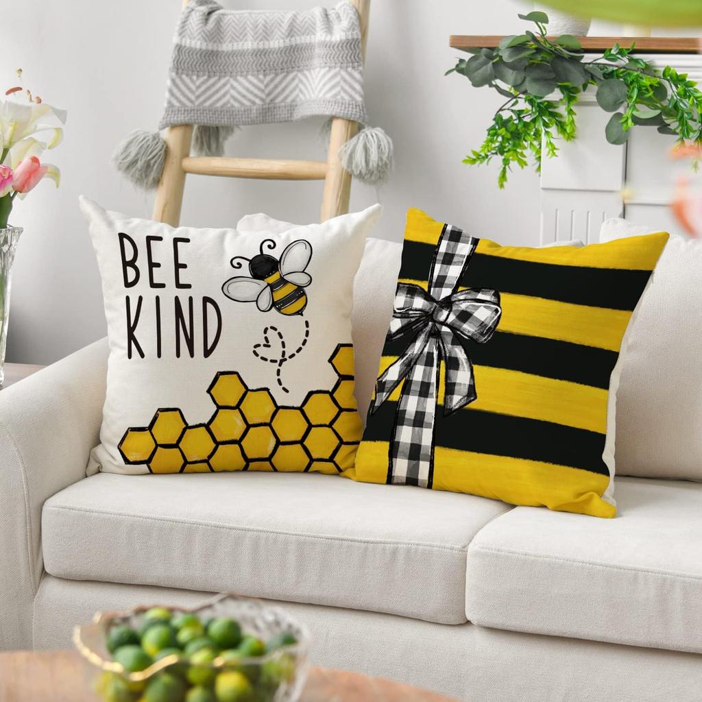 Happy Bee Kind Throw Pillow Covers, 18 X 18 Inch Honey And Bee Summer Cushion Case Decoration For Sofa Couch Set Of 4