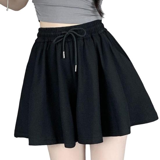 Women Summer Shorts Elastic High Waist Adjustable Drawstring Casual Shorts with Pockets Solid Color Wide Leg Shorts