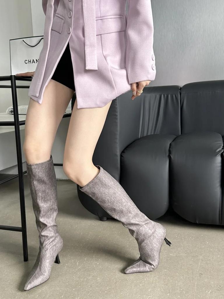 Elegant Pointed Toe Knee-high Boots Women  Winter Luxury Designer Thin High Heels for Women High Knight Boots Botas Altas