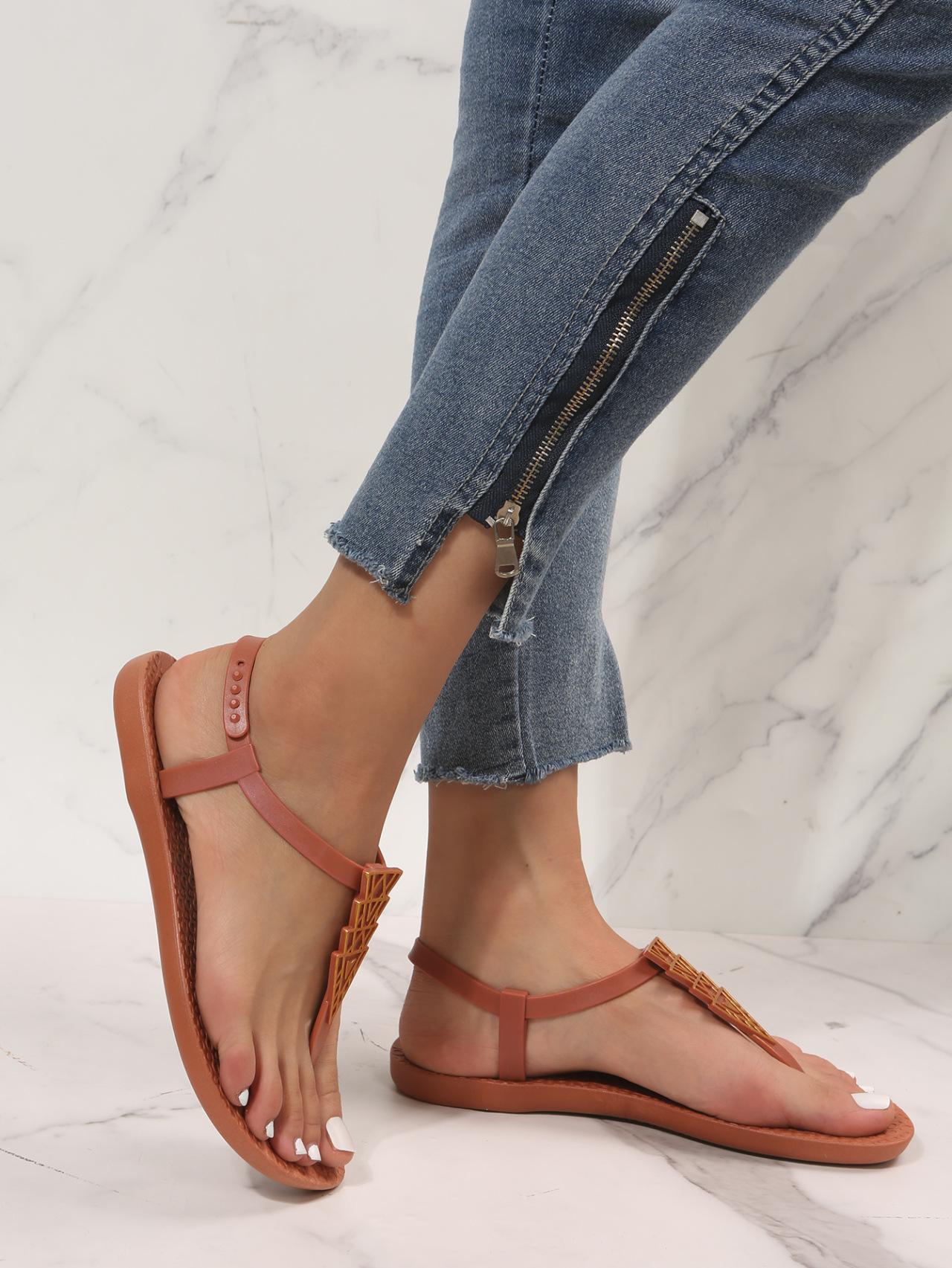 

Летние новые римские сандалии для женщин, богемные сандалии, пляжные шлепанцы с плоским носком 40 темно-коричневого