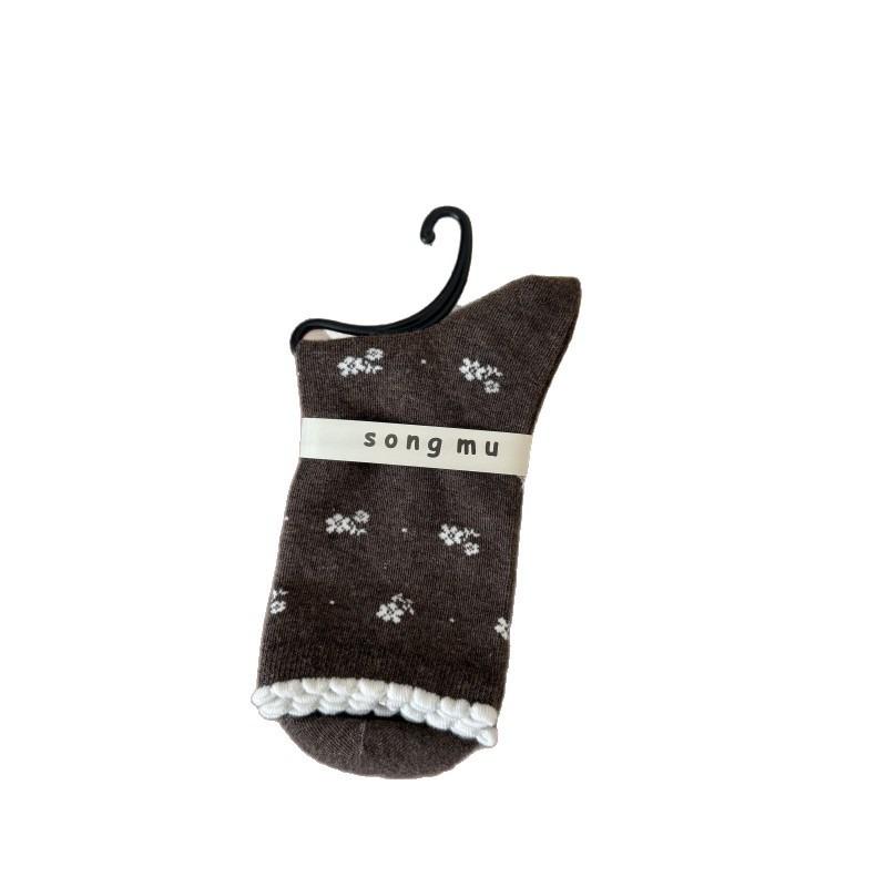 Retro Boneless Socks, Women's Mid-calf Socks, Autumn and Winter Women's Socks, Girls' Bow, Coffee-colored Pile Socks