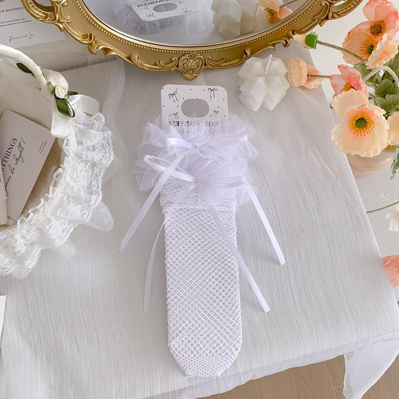 

10Pair Mesh Stockings Children S Lace Ribbon Sweet Japanese Over Knee Calf Socks Lolita Princess Socks One size белый