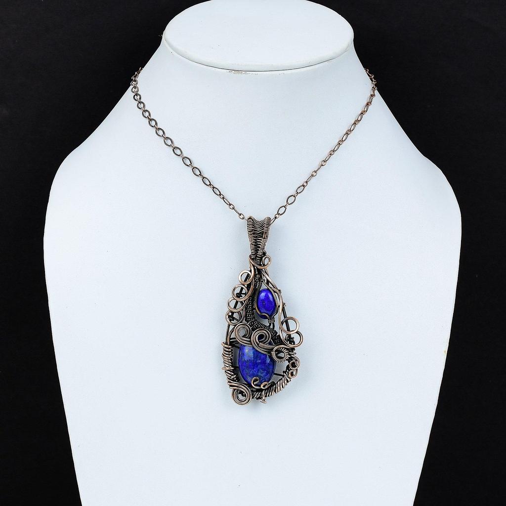 Pandantiv Lapis Lazuli Bijuterii cu Pietre Prețioase Lucrate Manual, Pandantiv Înfășurat în Sârmă de Cupru 999, Pandantiv Bijuterii cu Design Unic