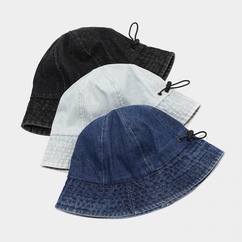 American-Style Washed Distressed Bucket Hat Women, Solid Color, Simple Drawstring Design, Fisherman Hat