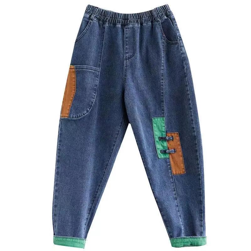 Women Autumn Winter Retro Patchwork Single Velvet Jeans High Waist Loose Skinny Versatile Bloomers for Mom Fashionable