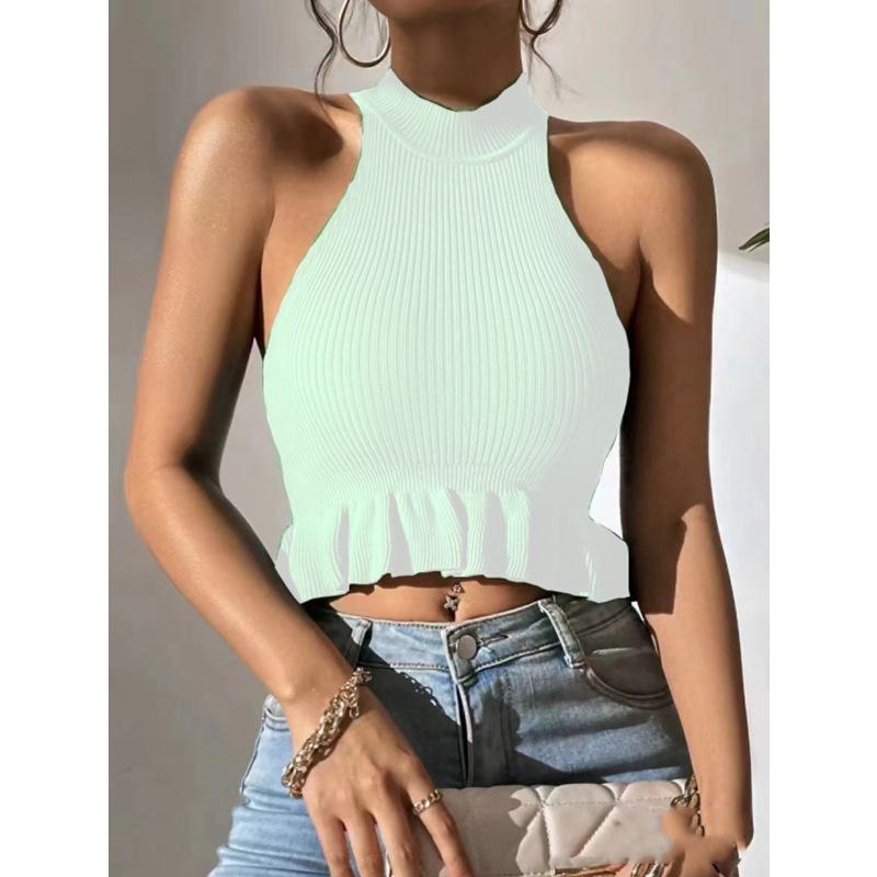 Summer New Design Sense Ruffled Knit Halter Vest Sexy Short Top Women