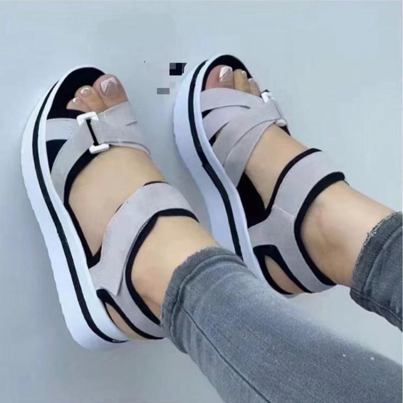 Summer new flat-bottomed thick-soled beach sandals women's light color matching breathable open-toed wedge sandals
