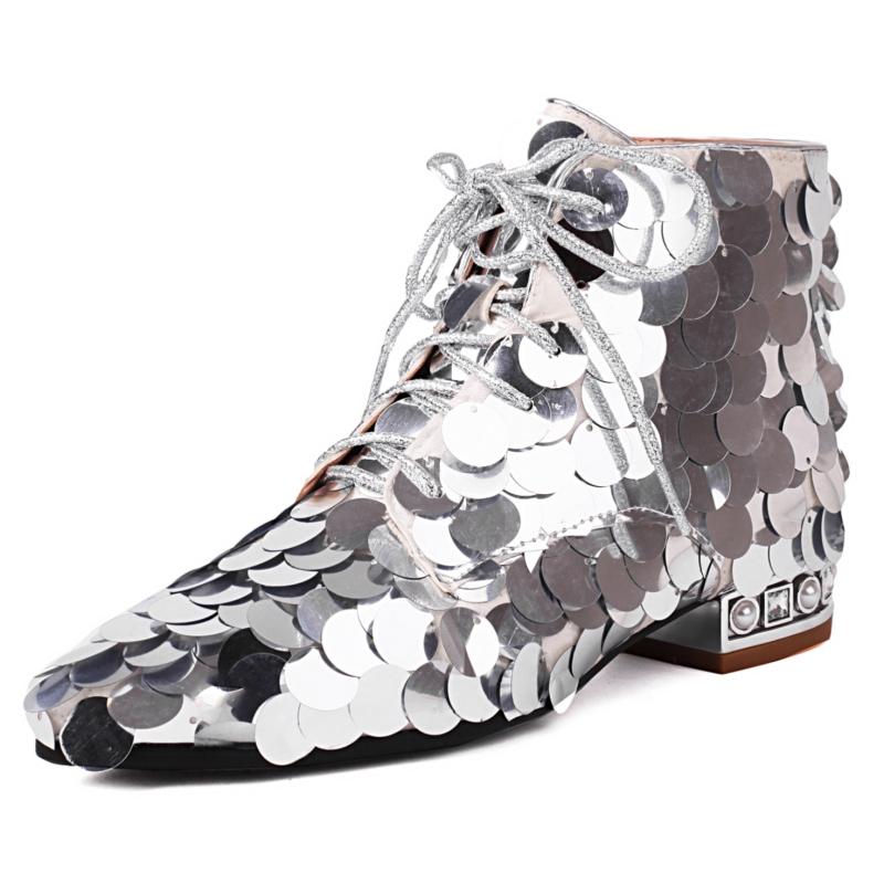 

Модные роскошные женские ботильоны с пайетками, золотисто-серебряные, короткие, женские, сексуальные, на низком каблуке, весенне-зимние, танцевальные туфли, большой размер 48 40 серебряный