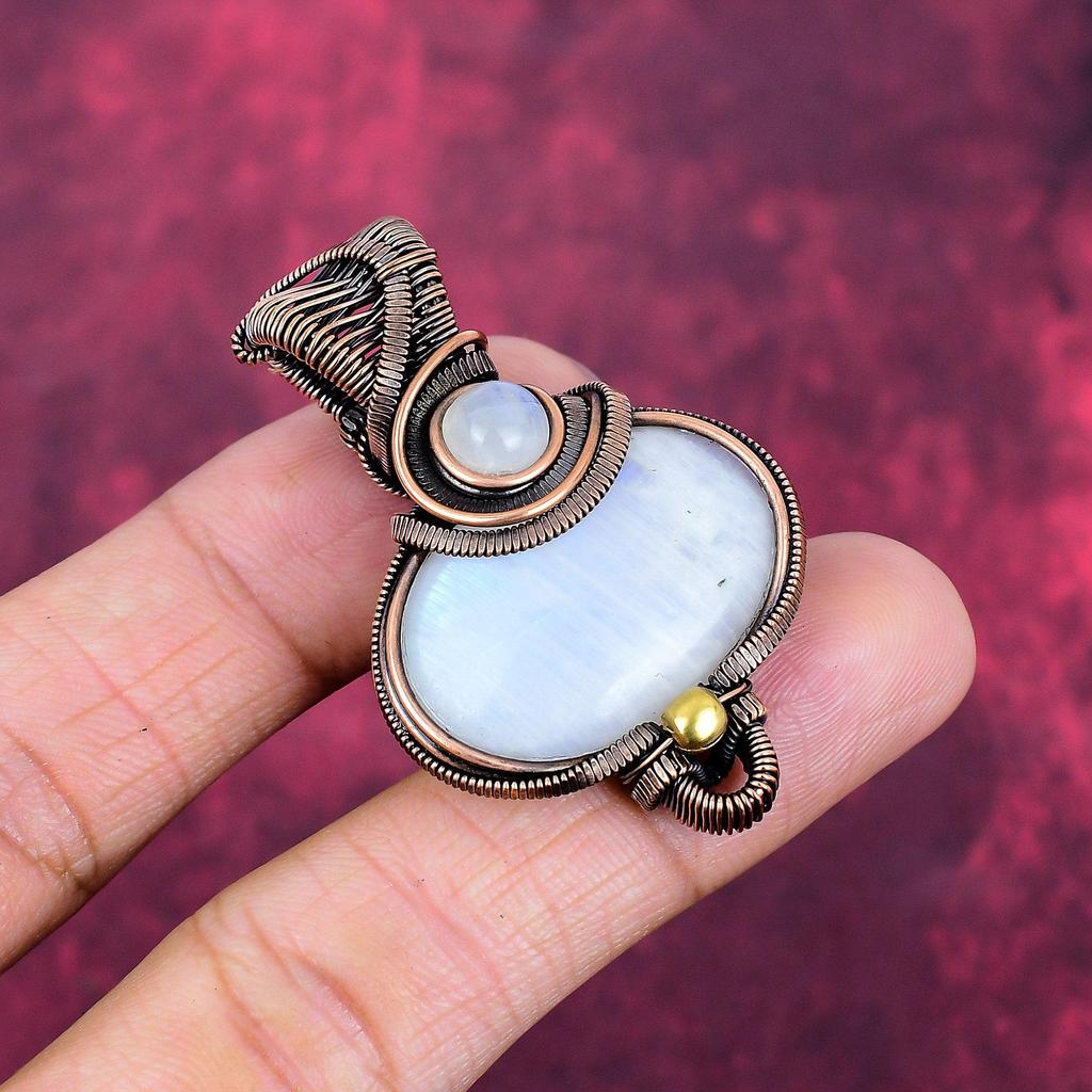 Rainbow Moonstone Pendant Gemstone Handmade Jewelry Copper Wire Wrapped Pendant