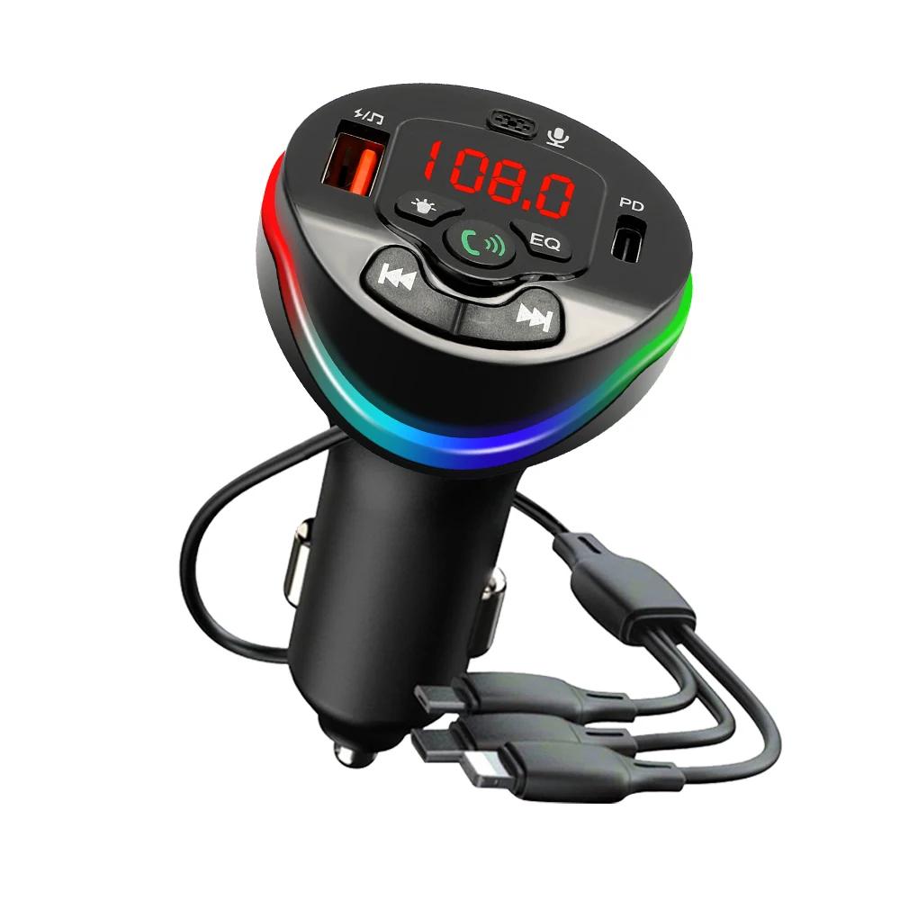 Bluetooth 5.0 FM Transmitter Car MP3 Modulator Player Handsfree Audio Receiver PD+USB Phone Charger With 3 in 1 Charge Cable