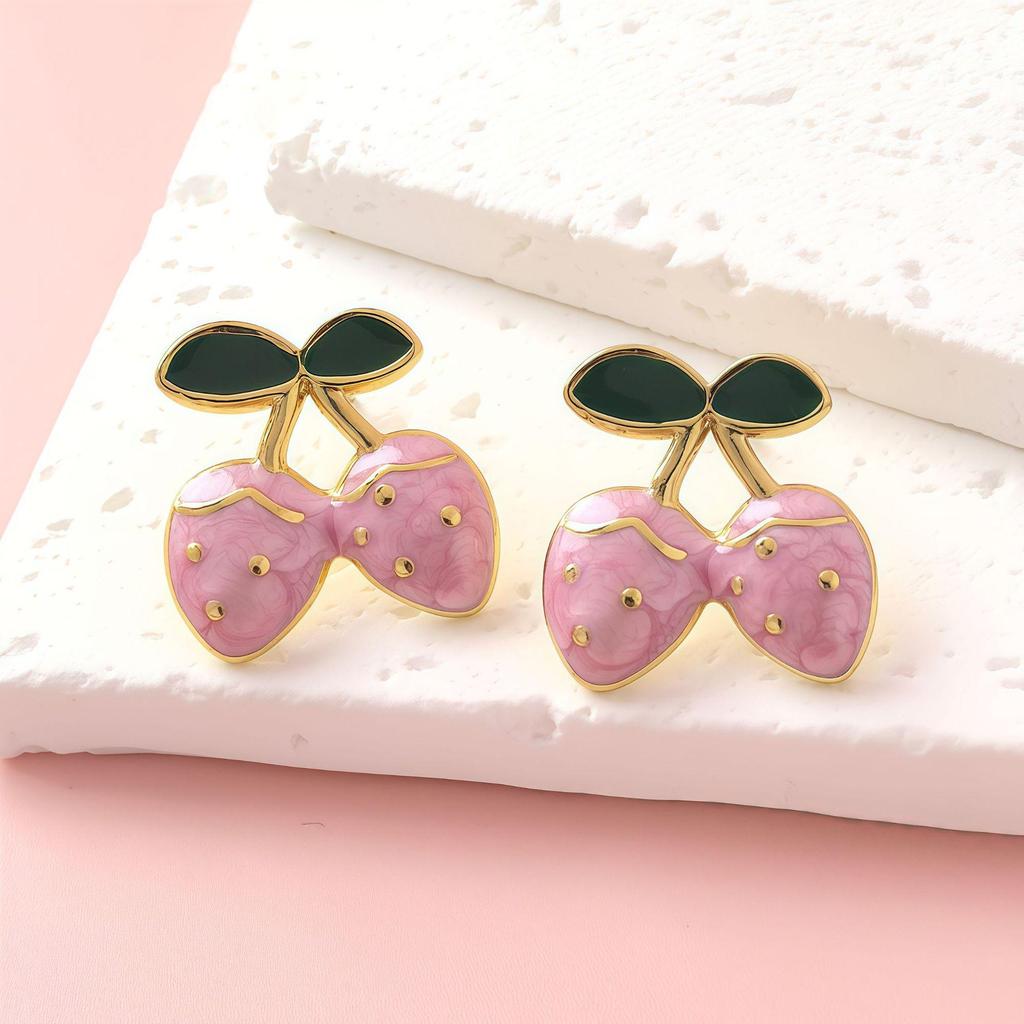 Sweet Fruit Drip Oil Strawberry Cherry Stainless Steel Stud Earrings Fashion Jewelry