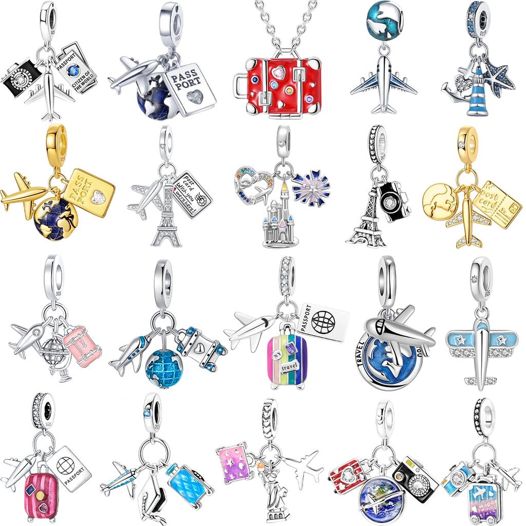 New Original Copper Travel Charms Airplane Luggage Earth Beads Pendants Fit Bracelet Necklace Diy Jewelry Gift