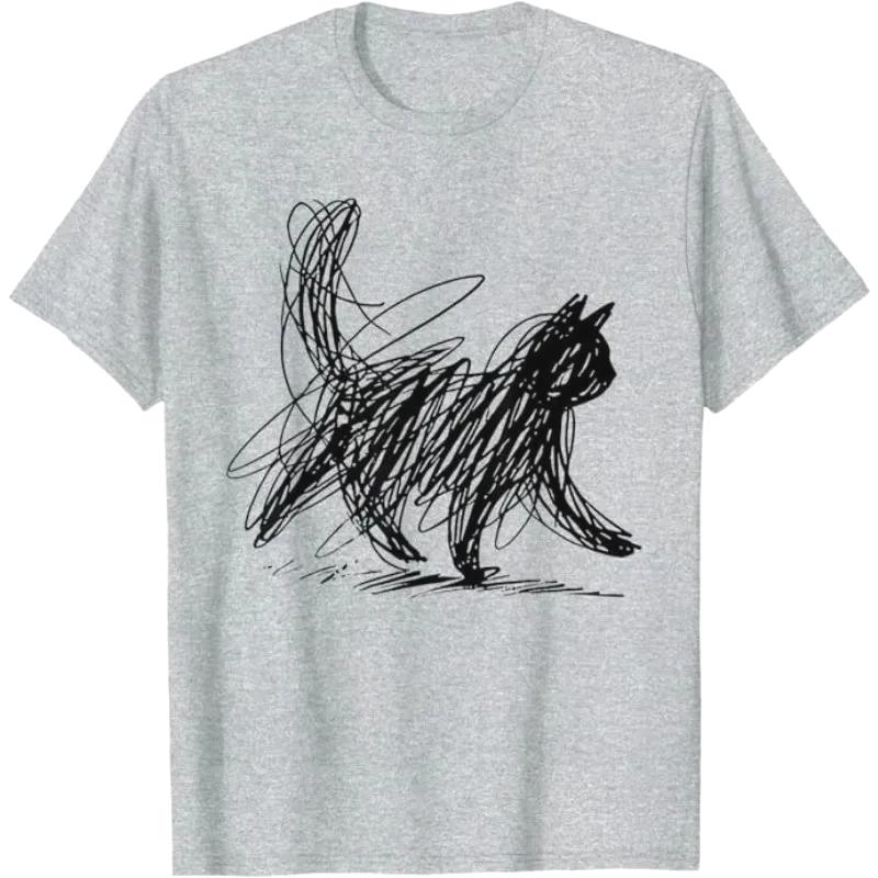 Trendy Streetwear Minimalist Cat Art T Shirt Women's Funny Tee Casual Summer Humor Short Sleeve Cat Lovers Gifts Vintage Y2k Top