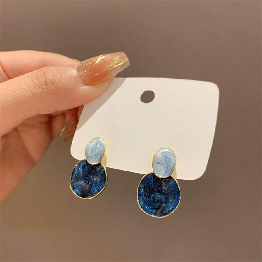 Fashion Elegant Geometrical Earrings Retro Blue Enamel Round Stud Earrings for Women Brincos 2C003
