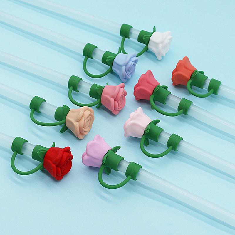 Bouchon de Paille Fleur de Rose 10mm pour Diamètre Silicone Large Résistant à la Chaleur Anti-poussière Bouchon de Paille Accessoire de Tasse