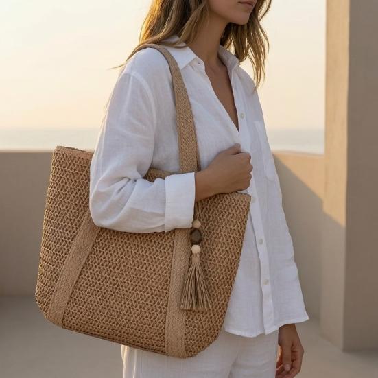 Woven Shoulder Bag, Large Capacity Tote Bag, Commuter Shoulder Bag, Summer Beach Tote, Lightweight Purse for Women Vacation Street Work