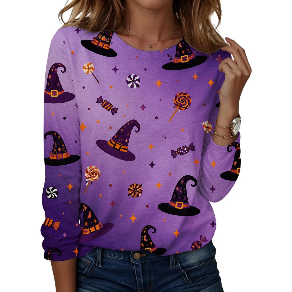 Women's Casual Long Sleeve Round Neck Top with Halloween Print for Party