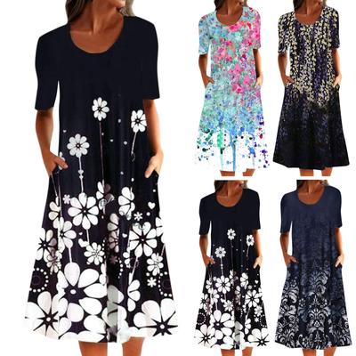 Women's Retro Printed Skirt Short Sleeve Skirt Round Neck Dress Summer Dress