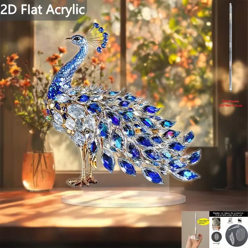 1Pcs 2D Flat Acrylic Figurine Luxurious Crystal Peacock Ornament Tabletop Decoration For Bedroom Living Room Office