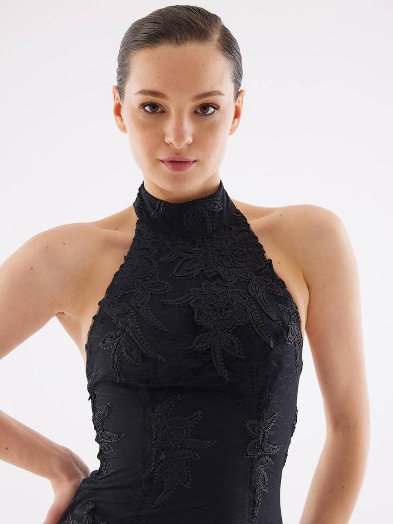 Halter Neck Back Detailed Lace Black Midi Dress
