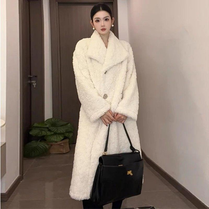 Winter New Suit Collar Lamb Wool Coat Women's Thickened Fur Integrated Long Fur Loose Coat Over the Knee