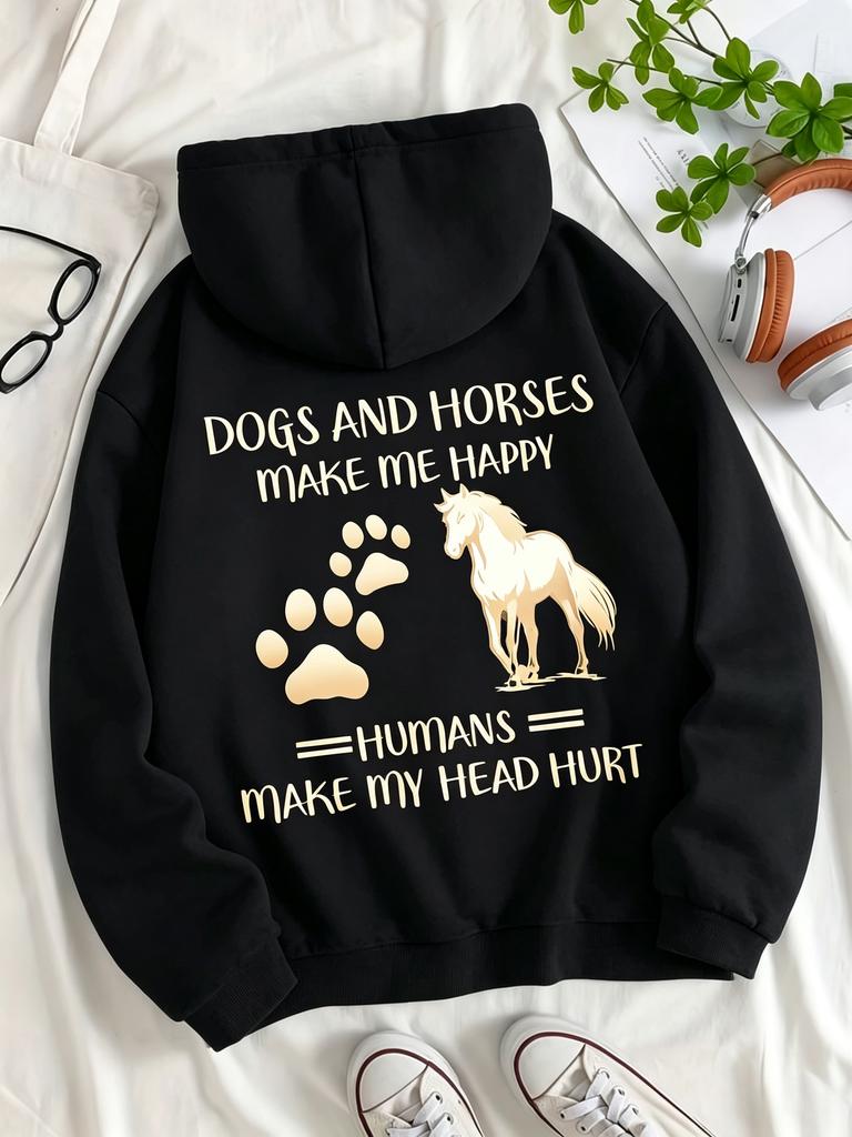 Fall Autumn Funny Meme Dogs And Horses Paw Print Horse Quote Print Unisex Kangaroo Pocket Graphic Hoodie Hooded Sweatshirt Casual