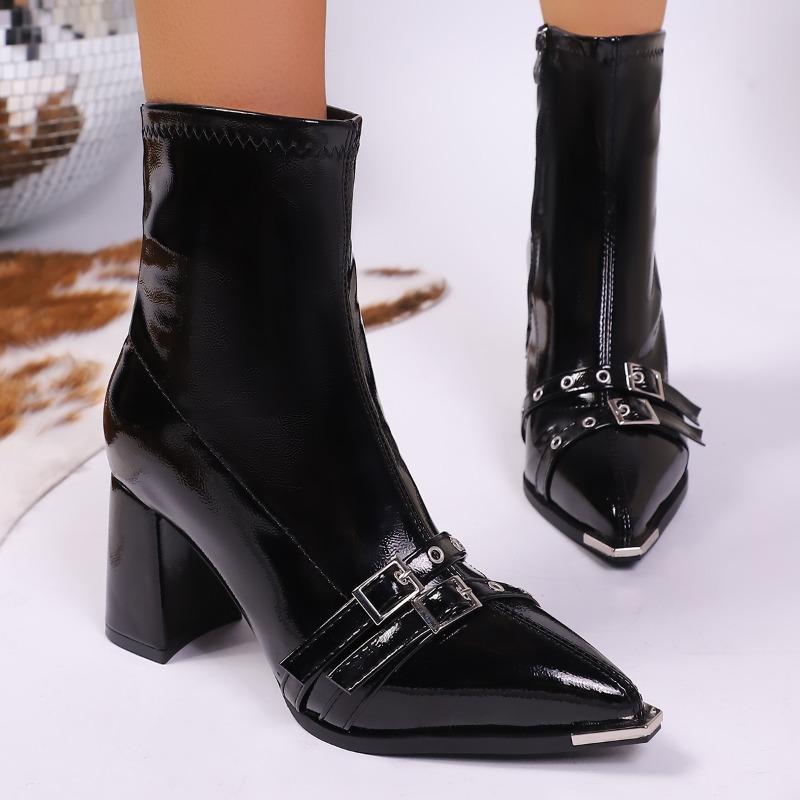 

Metal Buckle Booties Fashion Collision Avoidance Pointed Toe Side Zipper Non-Slip Wear-Resistant 35 чёрный