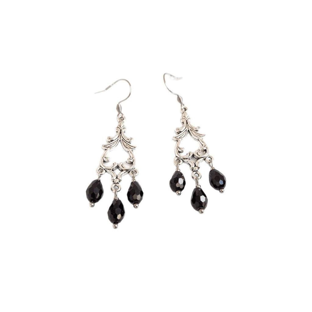 Black Crystal Teardrop Tassel Earrings - Retro Victorian Gothic Baroque Style