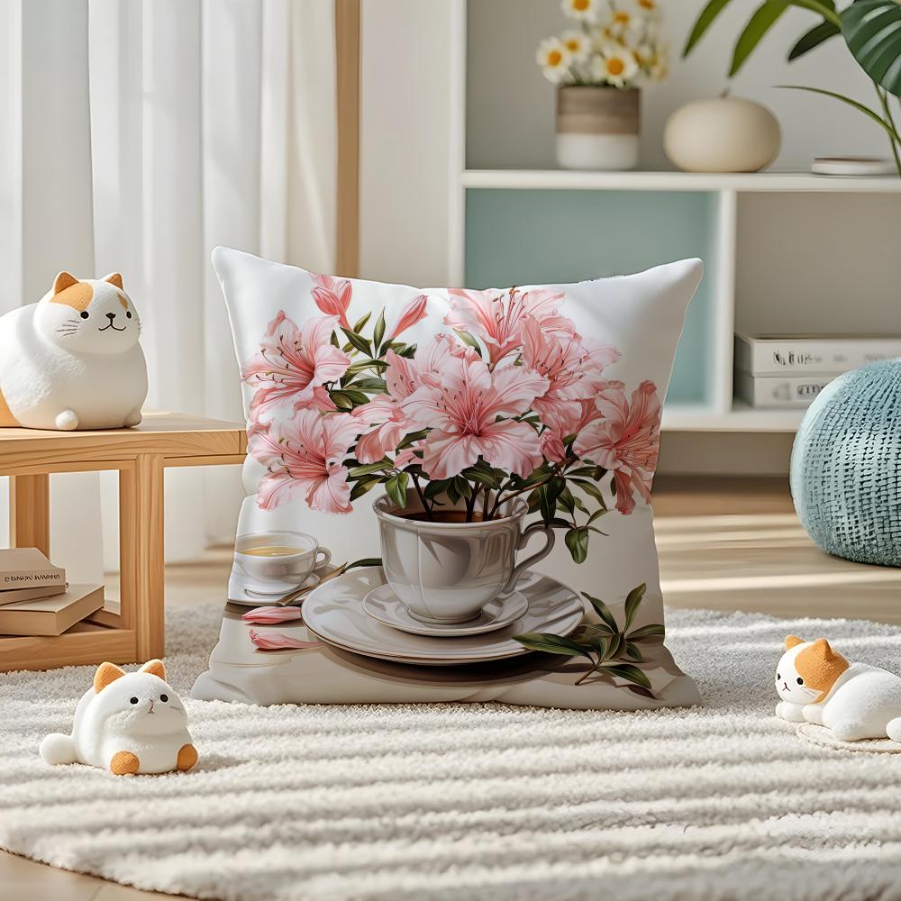 Painting Cup of Flowers Pillow Case Silky Elegant Comfort Sofa Bed Invisible Zipper