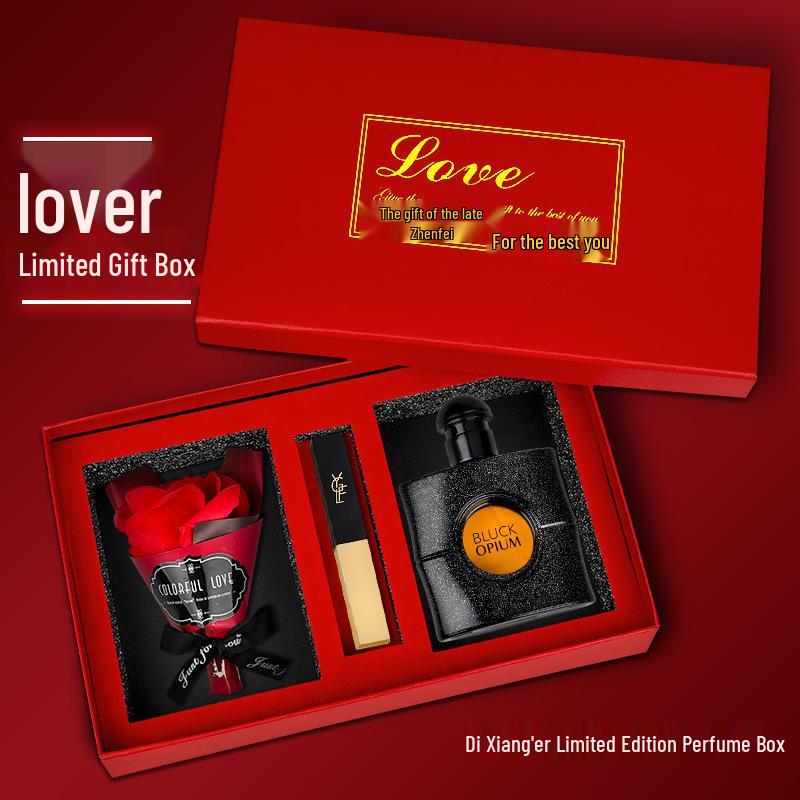 Qixi Valentine's Perfume & Lipstick Set: Rose, Black Opium, Libre - Gift for Girlfriend or Bestie